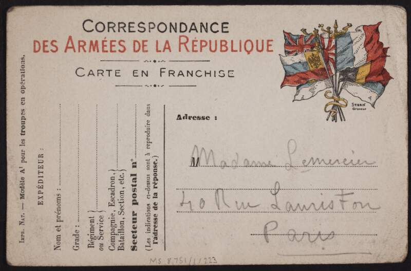 Postcard from Eugène Lemercier to his mother, Marguerite Lemercier, giving details about his second day of training,