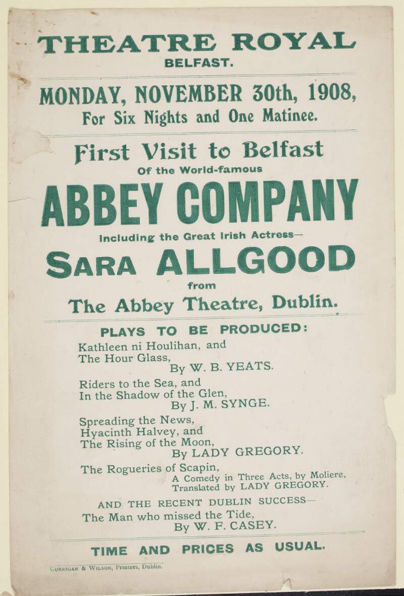 First visit to Belfast of the world famous Abbey Company : including the great Irish actress - Sara Allgood from The Abbey Theatre, Dublin /