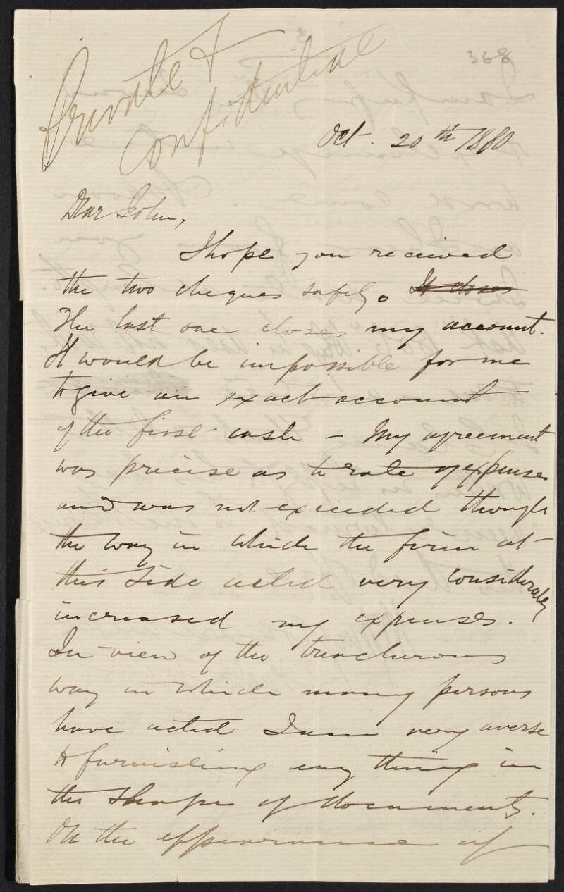 Letter from James J. O'Kelly to John Devoy regarding a query about money for the Skirmishing Fund, and messages for "Bob" and James Clancy,