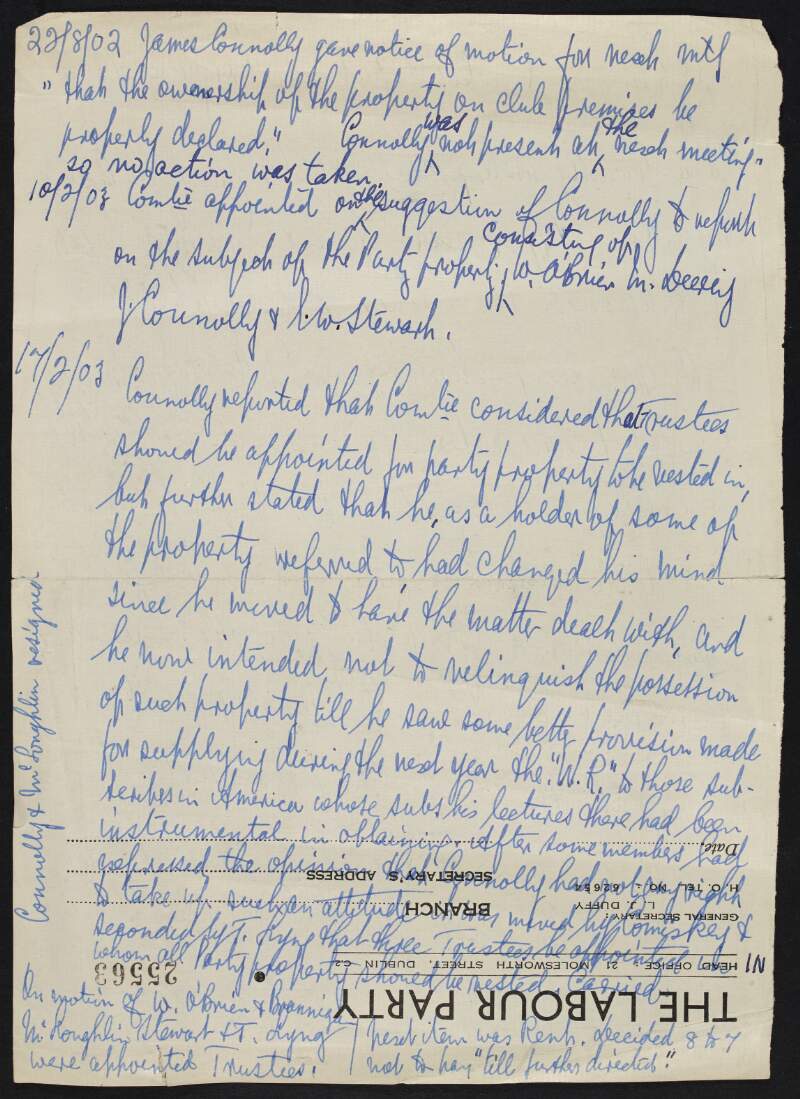 Manuscript notes by William O'Brien regarding James Connolly and the split in the Irish Socialist Republican Party in 1903,
