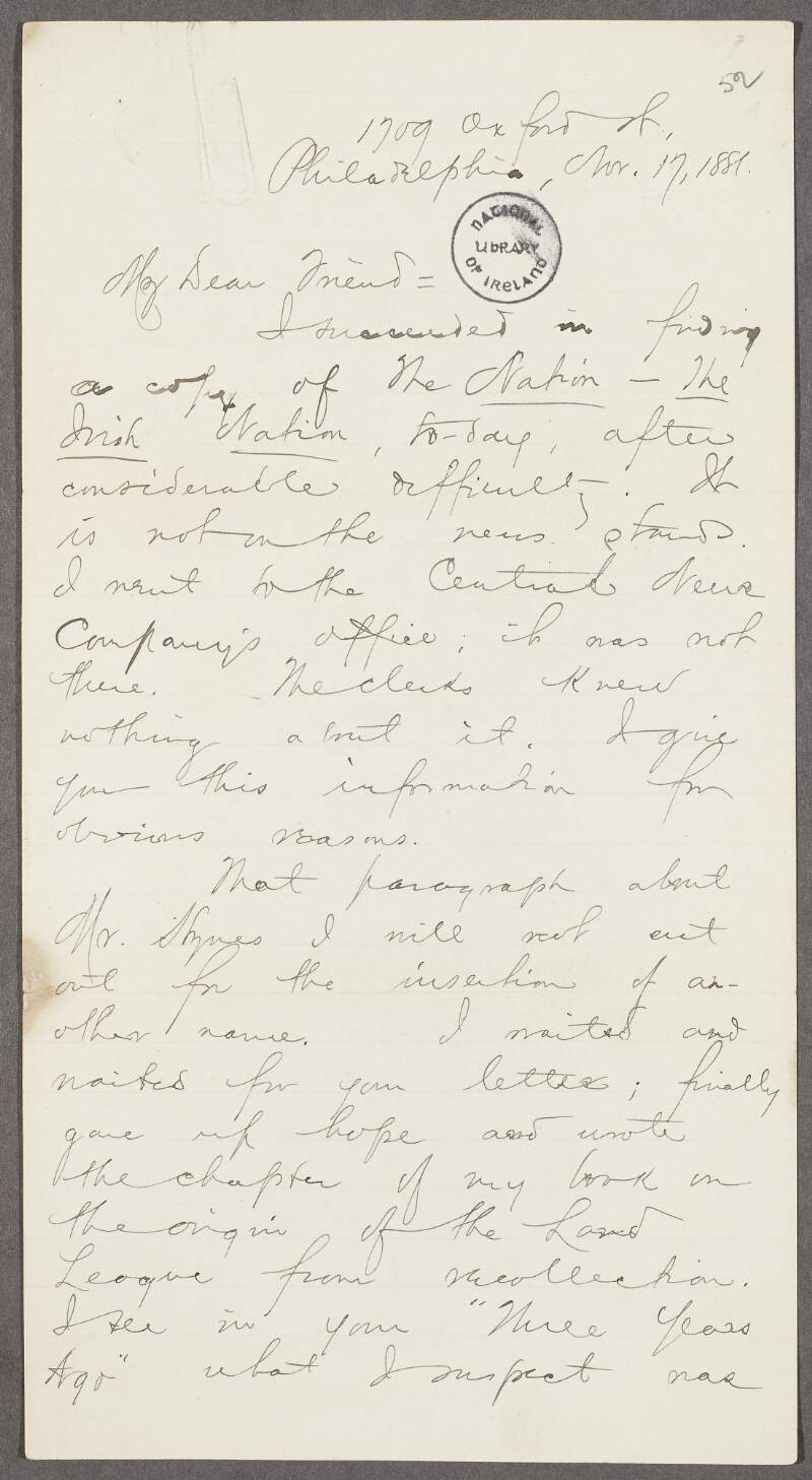 Letter from Margaret F. Sullivan, Philadelphia, to John Devoy regarding the 'Irish Nation' newspaper, a chapter on the Land League in her book, and T.P. O'Connor,