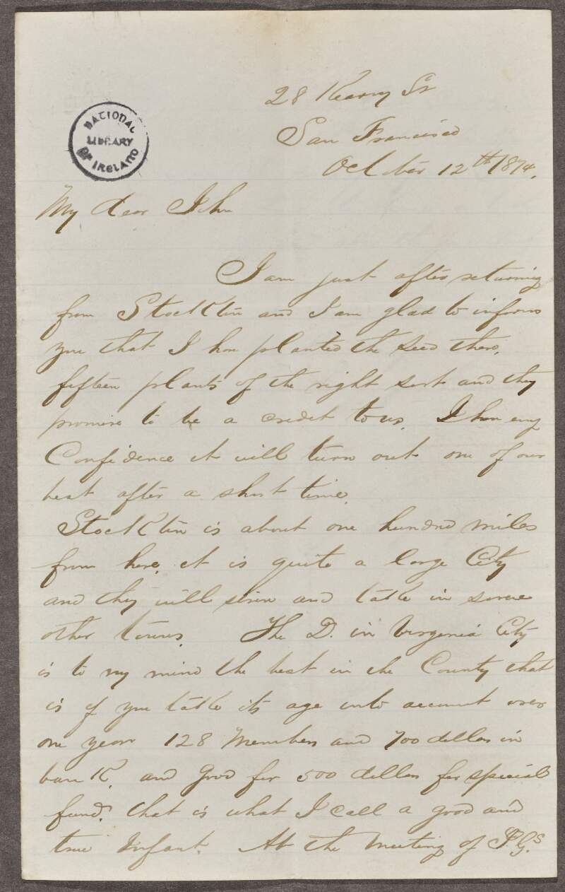 Letter from John C. Talbot, San Francisco, to John Devoy regarding the organisation of "D"s around California and Nevada, and the "special fund",