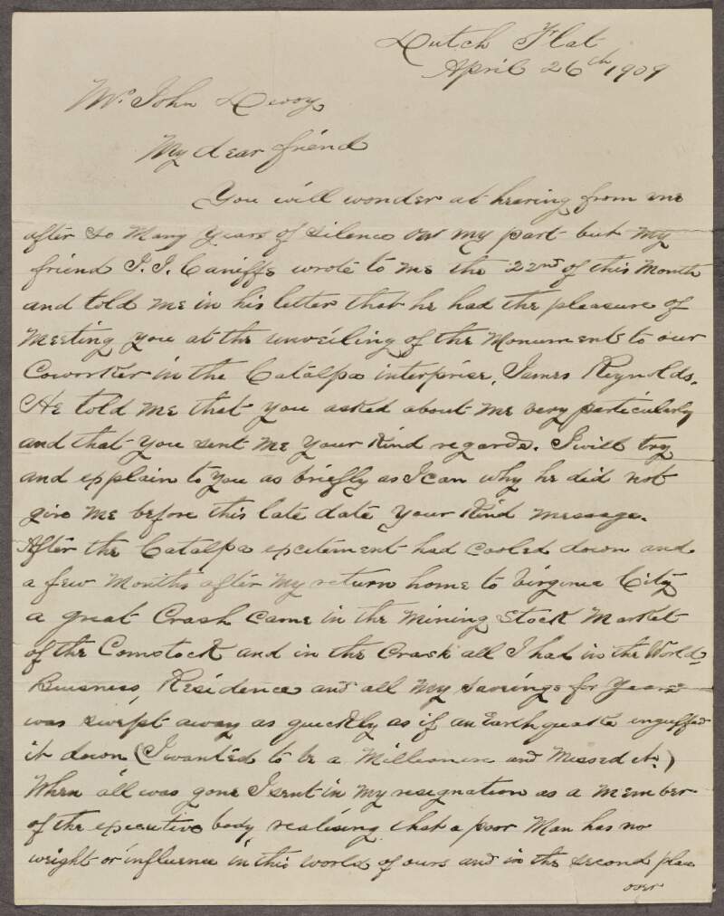 Letter from John C. Talbot, Dutch Flat, California, to John Devoy describing events in his life since his involvement in the Catalpa rescue,