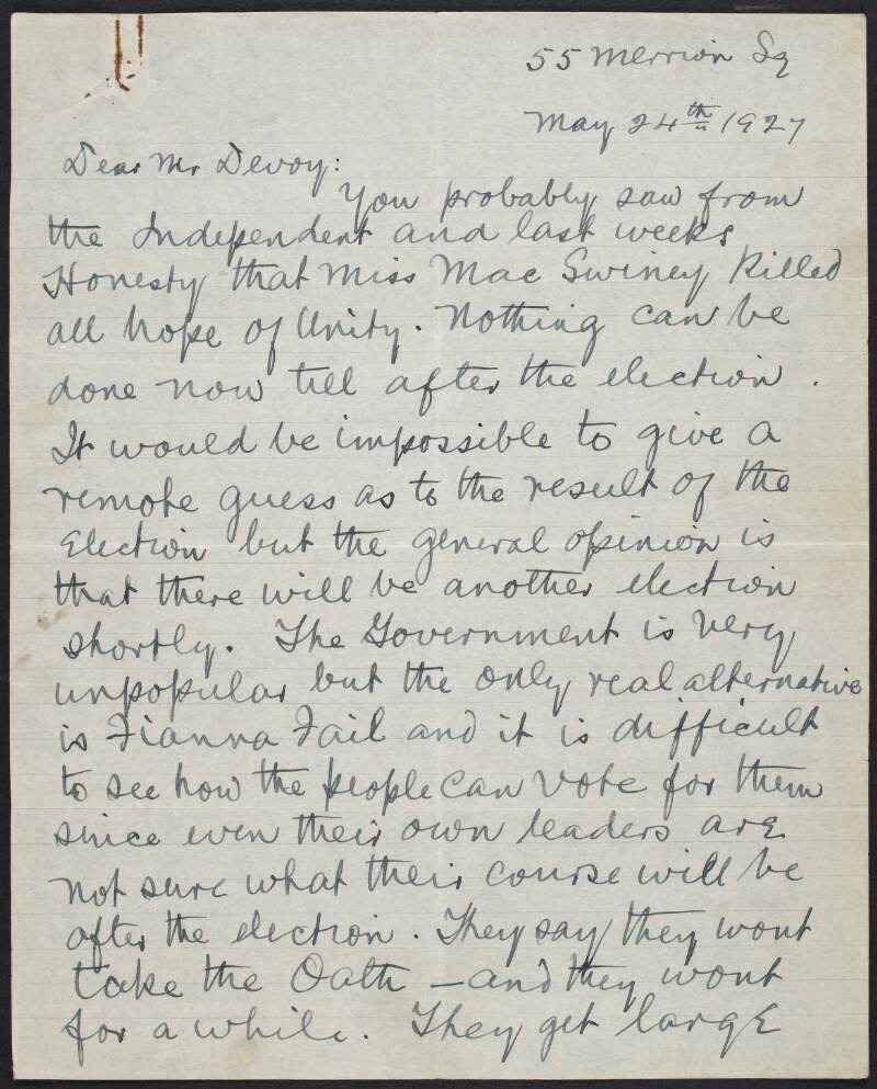 Letter from Patrick McCartan to John Devoy saying that Mary MacSwiney killed all hope of [Irish] unity,