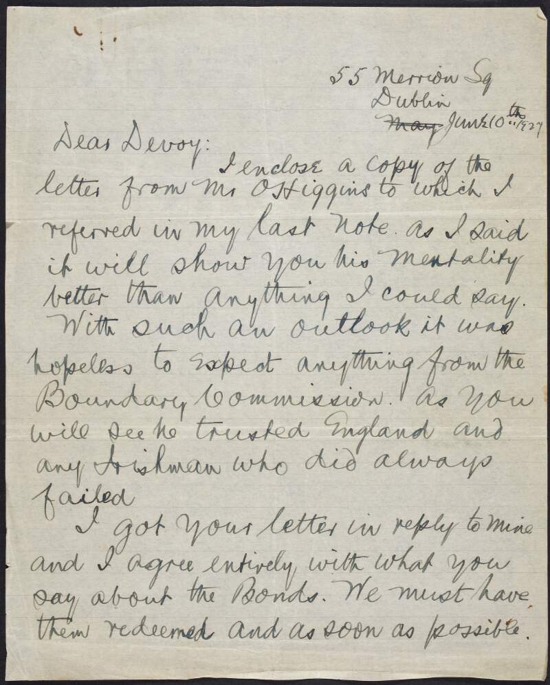 Letter from Peter McCartan to John Devoy saying that it is hopeless to expect anything from the Bounday Commission,