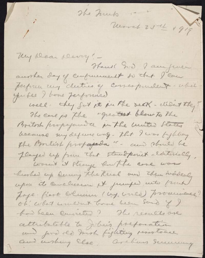 Letter from Jeremiah A. O'Leary to John Devoy regarding coverage of O'Leary's trial in the 'New York World' and Dwight Hillis's influence over the 'Brooklyn NY Standard Union',