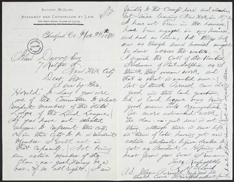 Letter from Richard McCloud to John Devoy discussing committee matter,