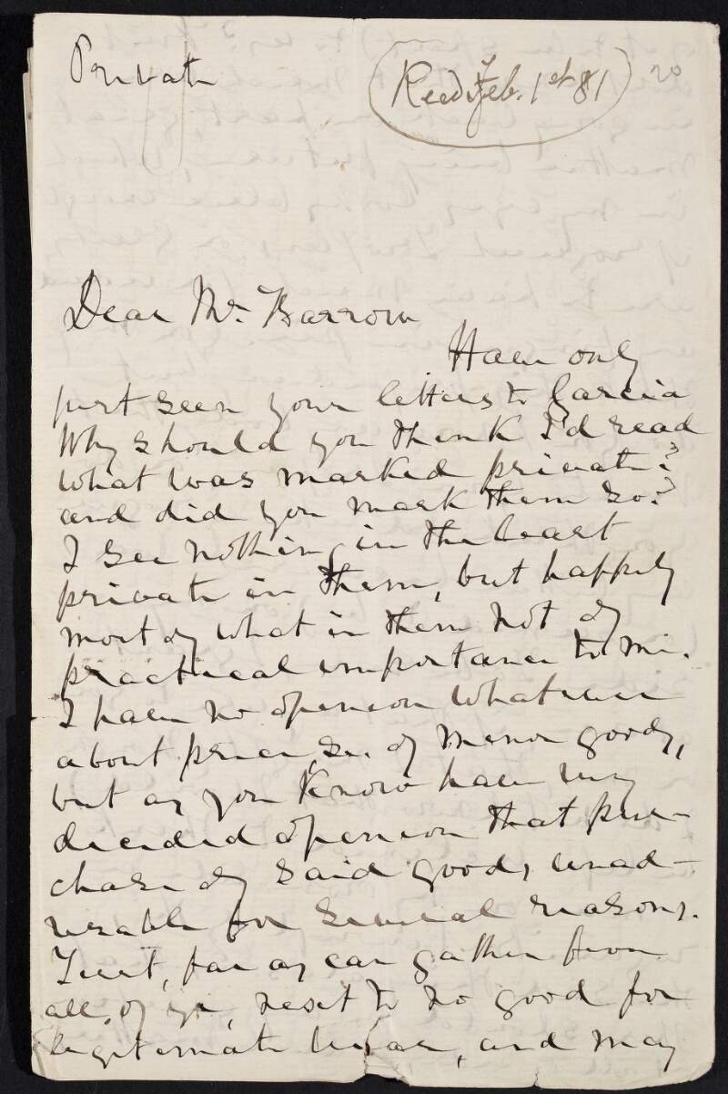 Letter from John O'Leary ("John Knox") to John Devoy ("Mr. Barrow") regarding purchase of arms, suspicions regarding William Mackey Lomasney, a note and receipt from "Digby" and Devoy's lectures,