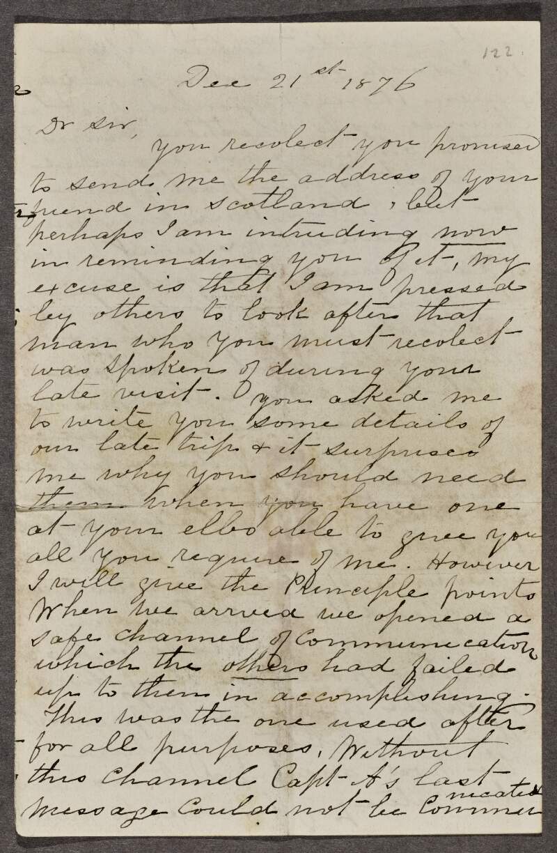 Letter from John Walsh ("Hanrahan")  to unknown recipient giving his account of the 'Catalpa' rescue and his experience of Clan na Gael in New York,