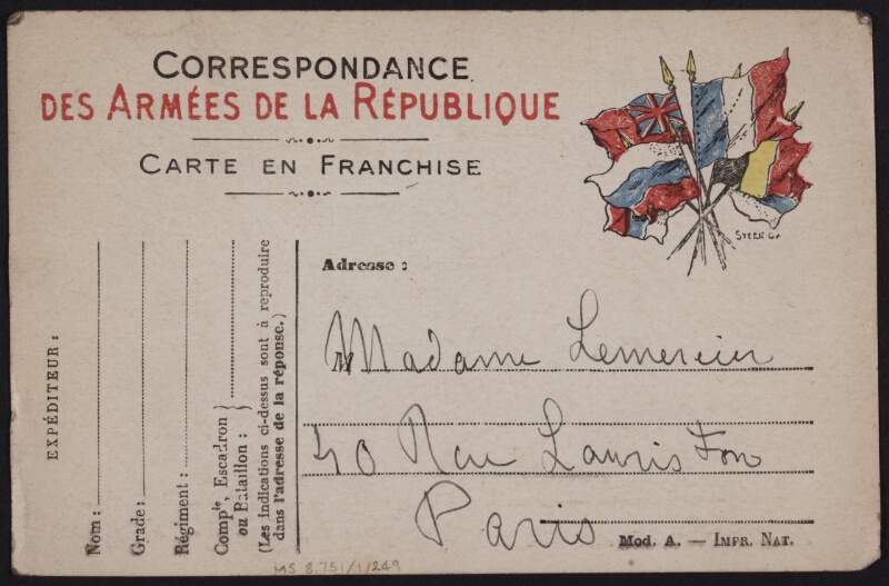 Postcard from Eugène Lemercier to his mother, Marguerite Lemercier, informing her that he is still at the first line,