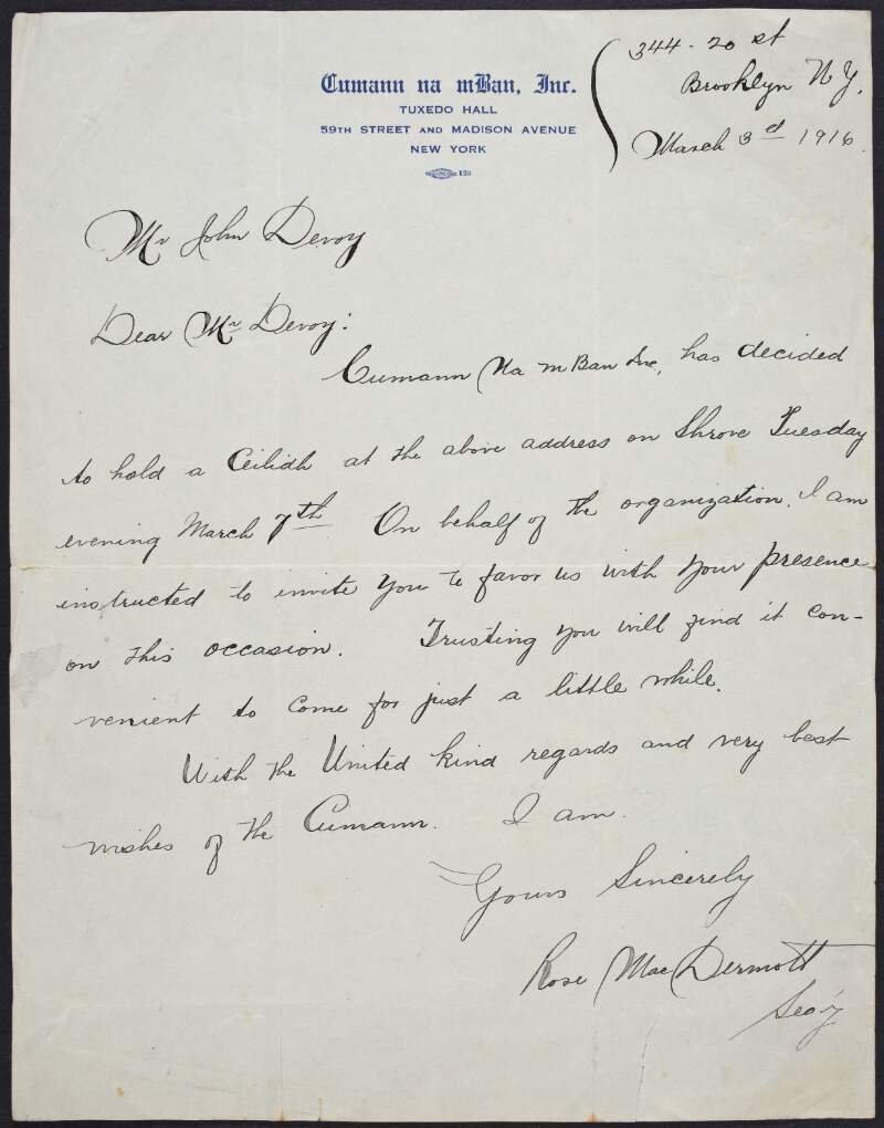 Letter from Rose McDermott to John Devoy inviting him to a Ceilidh,