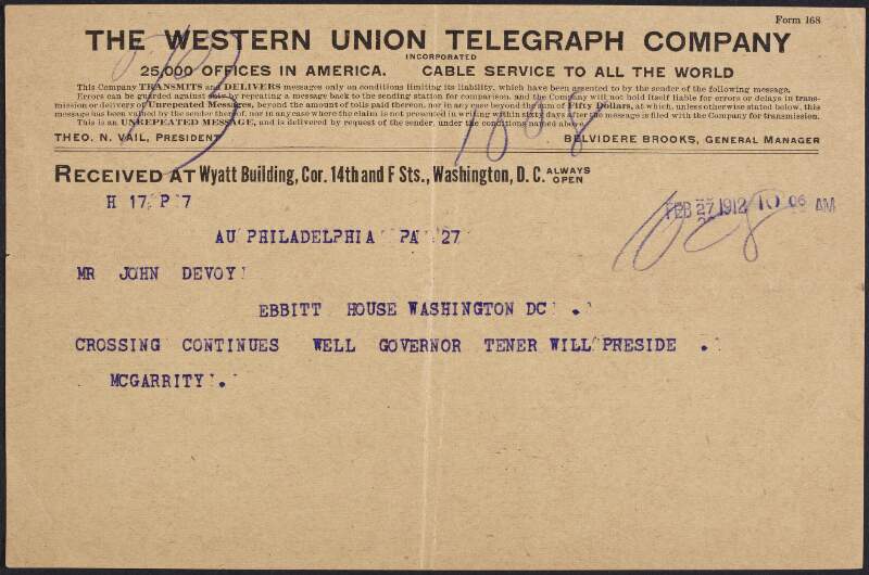 Telegram from Joseph McGarrity to John Devoy saying that crossing i.e. cross examination, continues,