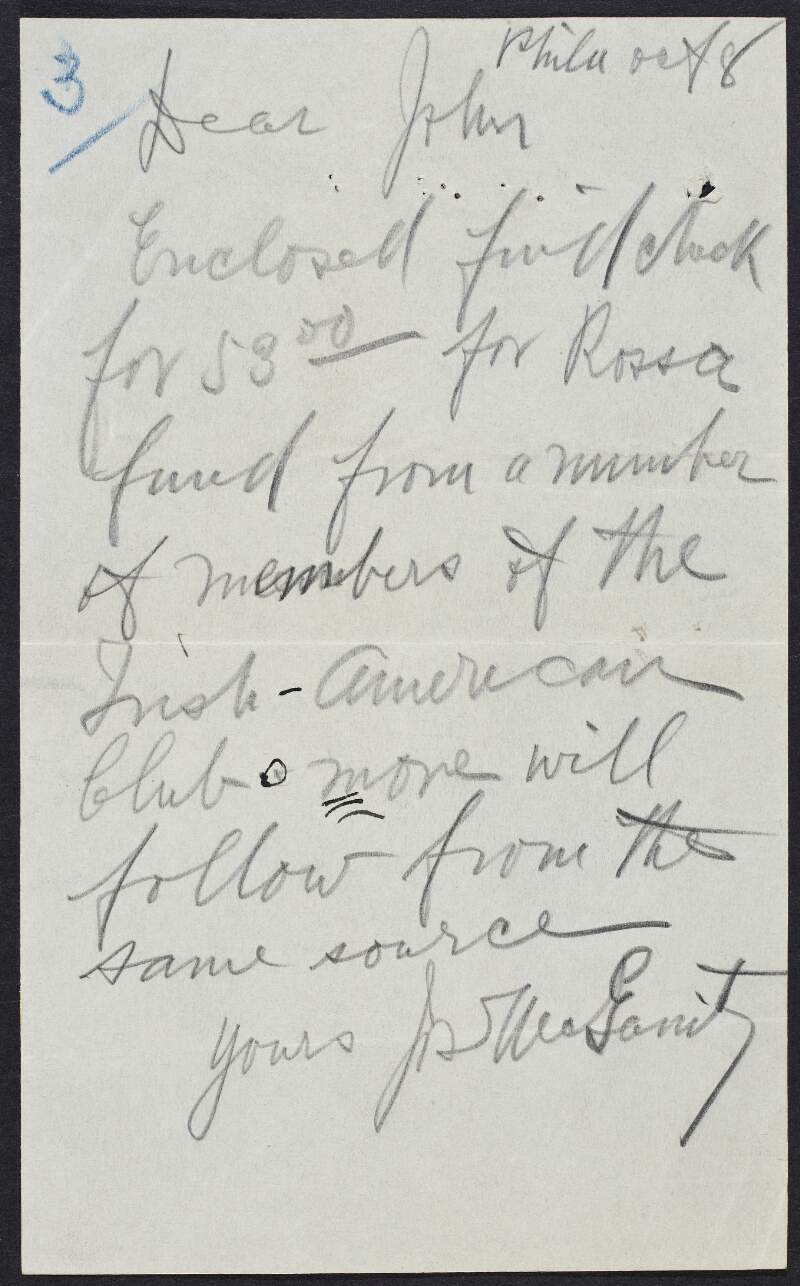Note from Joseph McGarrity to John Devoy enclosing a cheque for $3,
