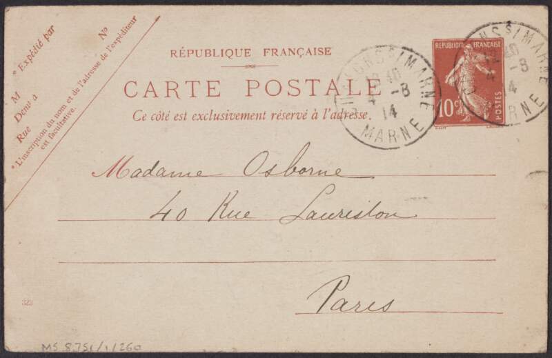 Postcard from Eugène Lemercier to his grandmother, Harriet Osborne, giving his impression of the moral of the nation,