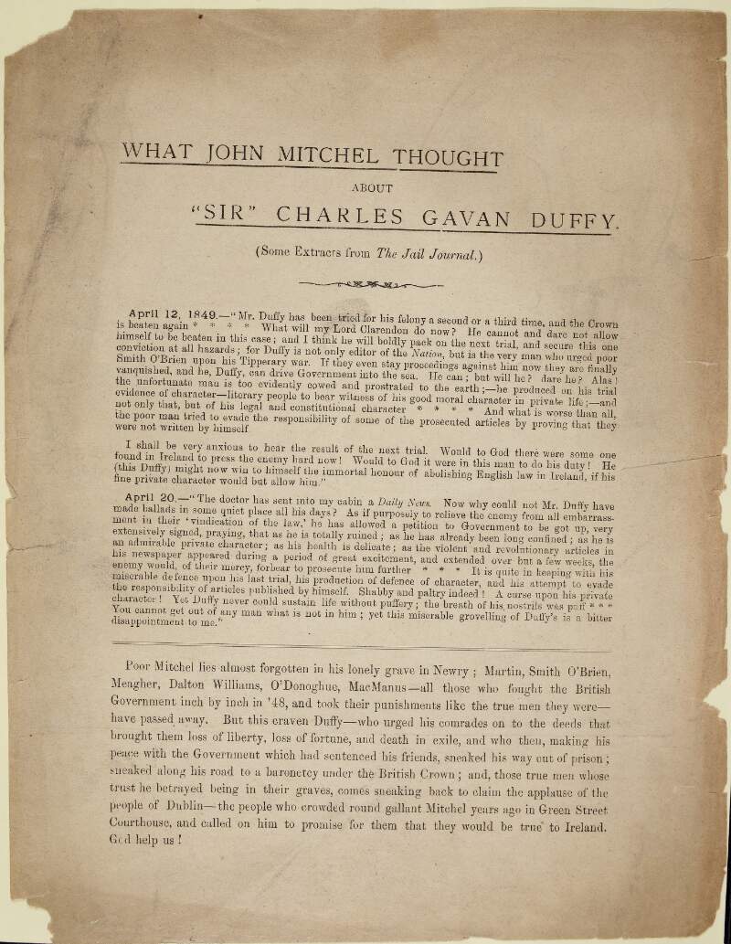 What John Mitchel thought about "Sir" Charles Gavan Duffy (Some extracts from 'The Jail Journal'). /