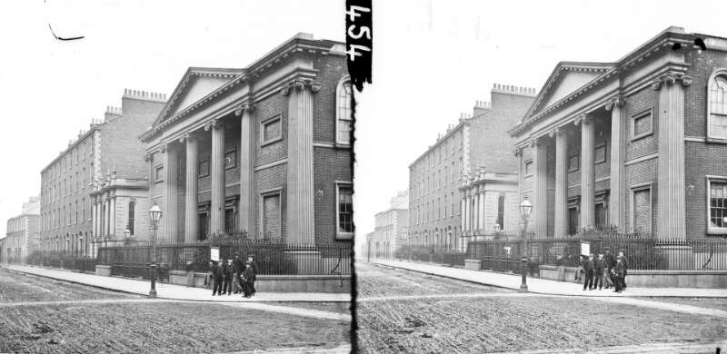 Brick building, with four fluted columns in the portico, three doorways in entrance, with group at the corner, Belfast, Co. Antrim