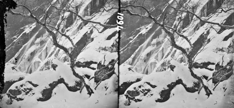 Frozen high waterfall, including details, Powerscourt, Co. Wicklow