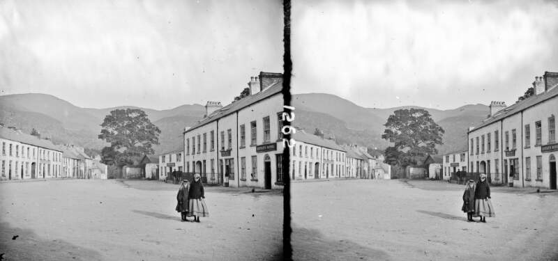 Two children in wide street before Moffat's Hotel, Rostrevor, Co. Down