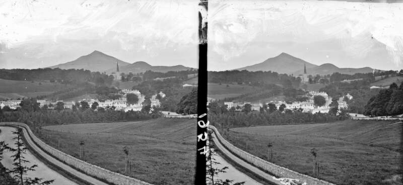 Long shot, high angle, Sugar loaf in background, Enniskerry, Co. Wicklow