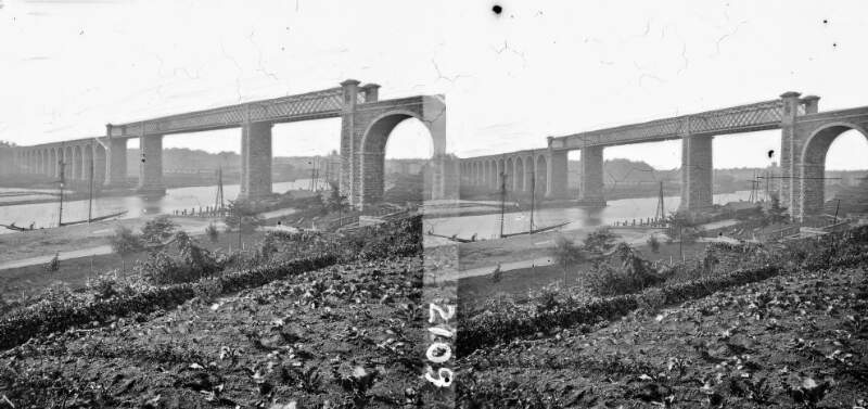 Boyne River, railway viaduct at Drogheda, ships, etc., in foreground, Boyne Valley, Co. Louth