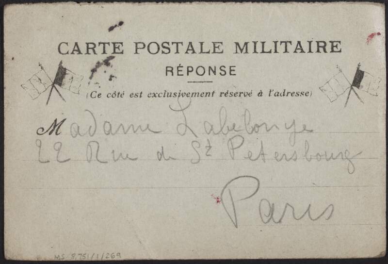 Postcard from Eugène Lemercier to Madame Labelonge, commenting on the life of soldiers,