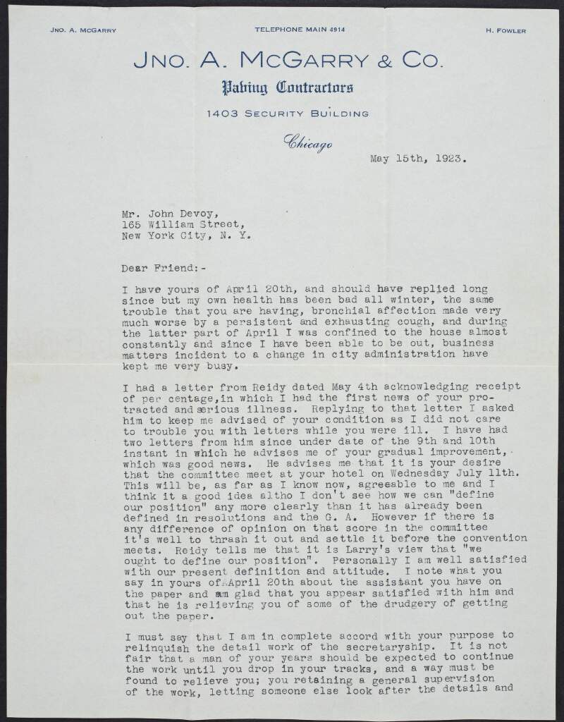 Letter from John A. McGarry to John Devoy discussing his health and other matters,
