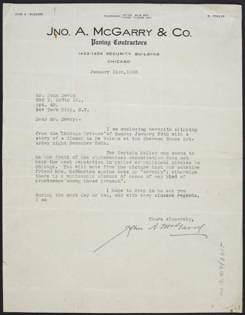 Letter from John A. McGarry to John Devoy enclosing a clipping that details a dinner for De Valera,