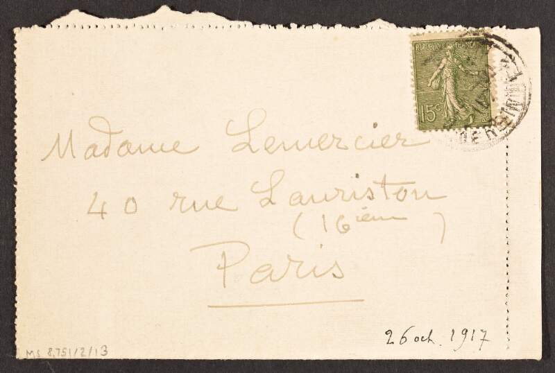 Lettercard from Paul Baudoüin to Marguerite Lemercier, announcing he will be visiting her on Sunday,