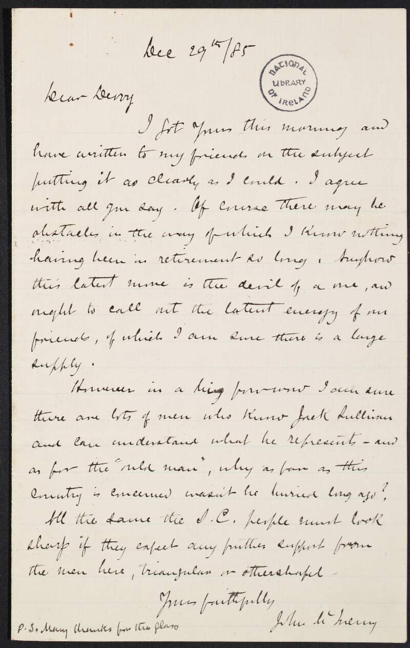 Letter from John McInerney to John Devoy saying he agrees with his present course of action,