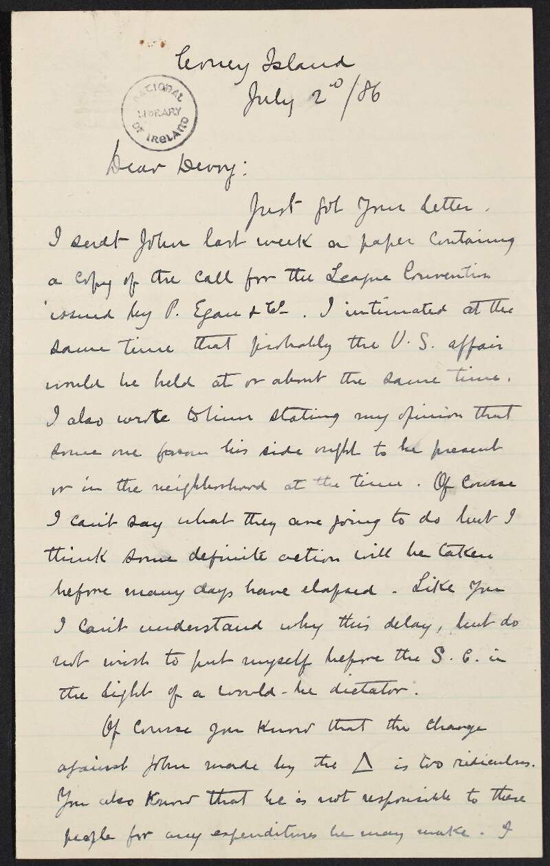 Letter from John McInerney to John Devoy in which he is unsure of a course of action,