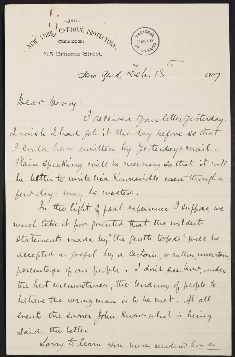 Letter from John McInerney to John Devoy on Clan na Gael - I.R.B. relations,