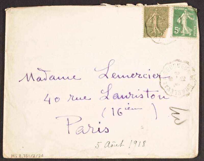 Letter from Paul Baudoüin to Marguerite Lemercier, concerning abbot Laisel and his paintings based on David's prophecies,