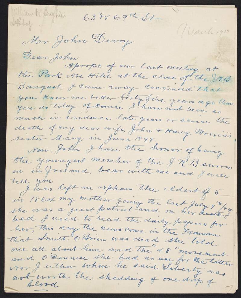 Letter from William McLoughlin to John Devoy detailing memories of the Fenian movement,