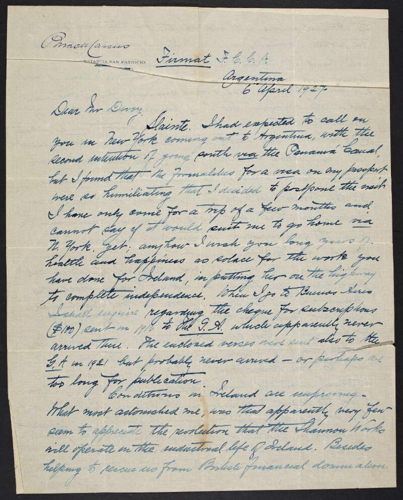 Letter from Seumas MacManus to John Devoy saying he was unable to visit him in New York,