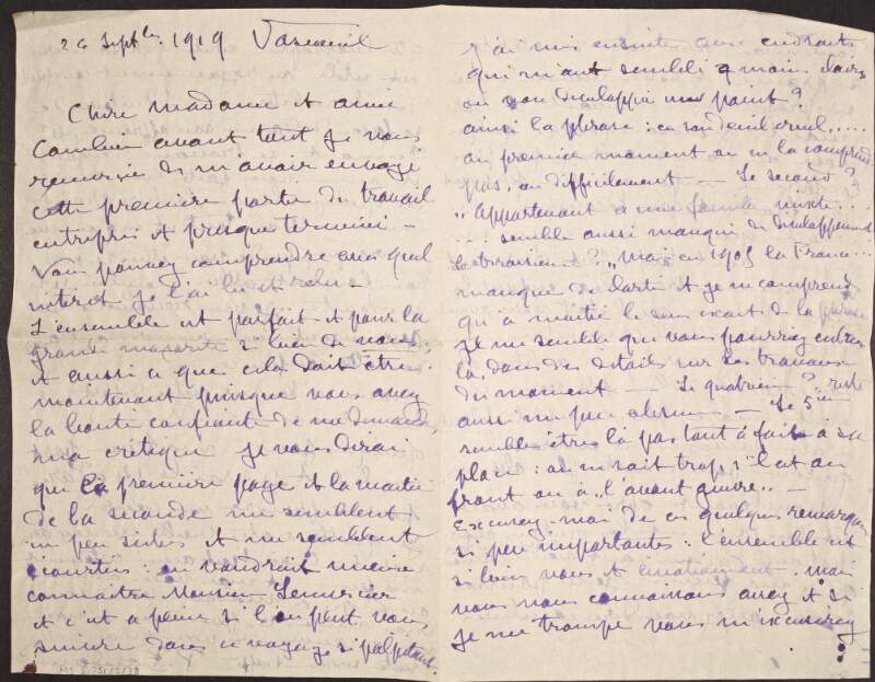 Letter from Paul Baudoüin to Marguerite Lemercier, making remarks on a new manuscript biography for publication,