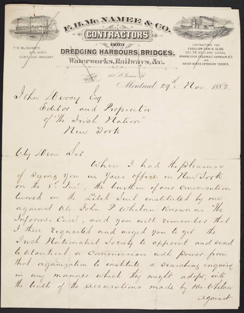 Letter from F. B. McNamee to John Devoy discussing the Whalen case again,