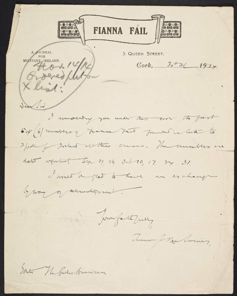 Letter from Terence MacSwiney to John Devoy sending him issues of his newspaper, Fianna Fáil,