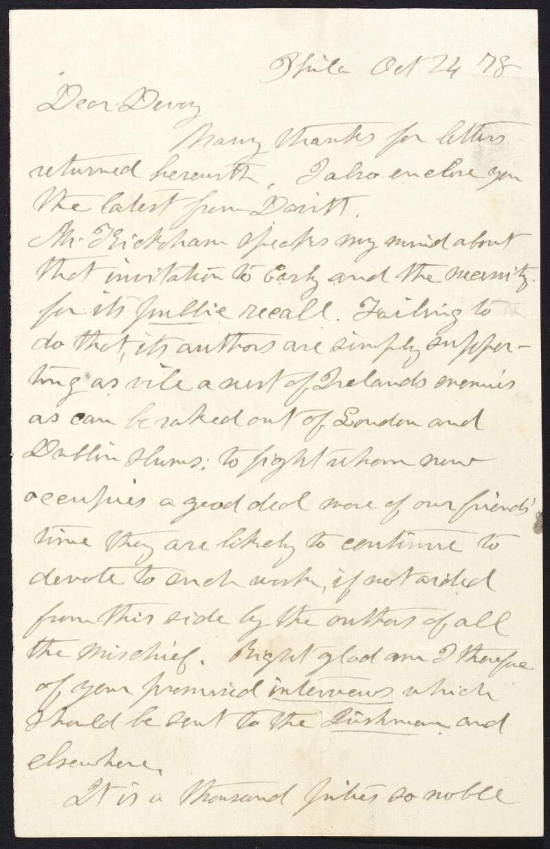 Letter from Dr. William Carroll to John Devoy in which he mentions that Charles Kickham believes that an invitation to James Stephens should be publicly recalled,