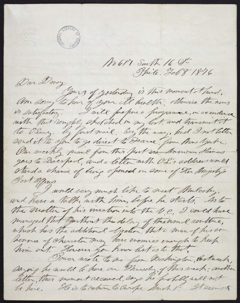 Letter from Dr. William Carroll to John Devoy regarding Home Rule, new branches of Clan-na-Gael, suggested newspaper titles, and the Australian Prisoners' Rescue,