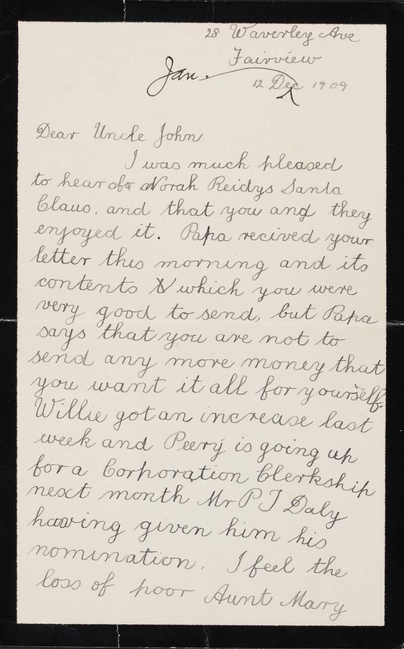 Letter from Joseph Devoy to John Devoy regarding the death of their sister Mary, asking him not to send them any more money, and enclosing a letter from from his daughter Eileen,