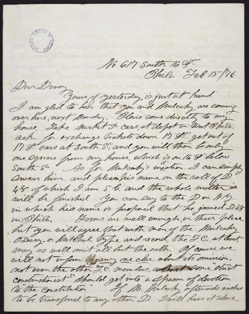 Letter from Dr. William Carroll to John Devoy regarding initiation into Camp 48, Home Rule, the Constitutional Committee, an upcoming Convention and the Australian Prisoners' Rescue,