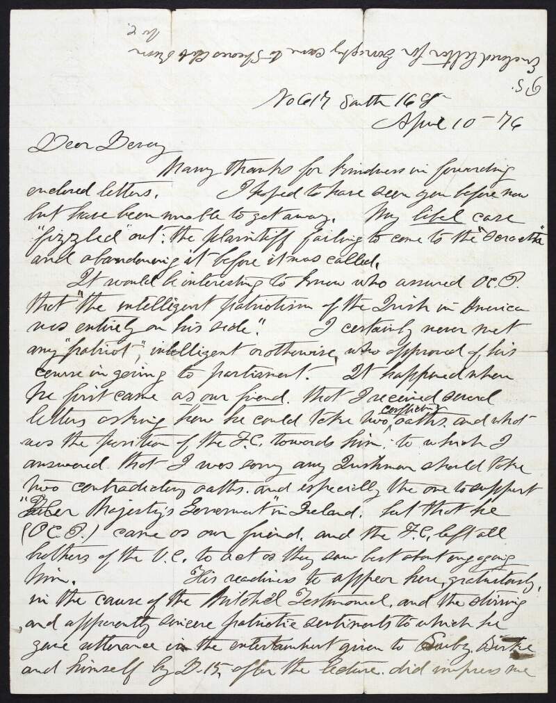 Letter from Dr. William Carroll to John Devoy regarding John O'Connor Power's decision to enter Parliament, a letter from "Mr. Ronan", Home Rule and a proposition of union,