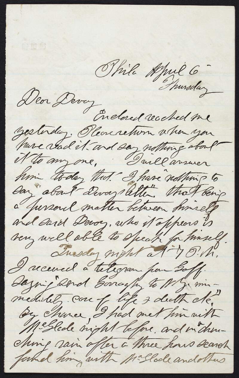 Letter from Dr. William Carroll to John Devoy regarding letters enclosed, including one from John McClure, plans to send "Garraghy" to New York, and a personal lawsuit,