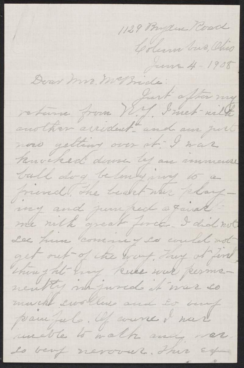 Letter from Cordelia Conklin, Columbus, Ohio, to Kate McBride regarding an accident with a bulldog and a visit from "Connie",