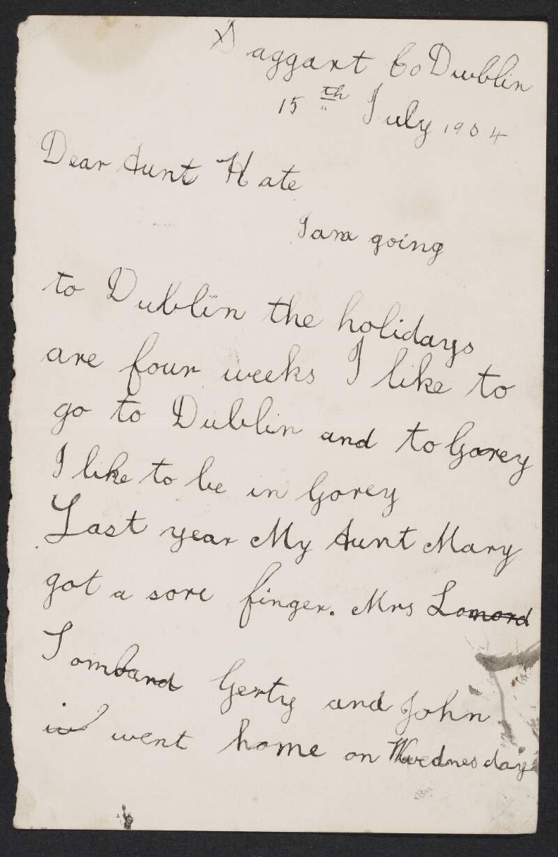 Letter from Eileen Devoy, Saggart, Dublin, to her aunt Kate McBride regarding her holidays to Dublin and Gorey, her pink dress and a visit by the Lombard family,