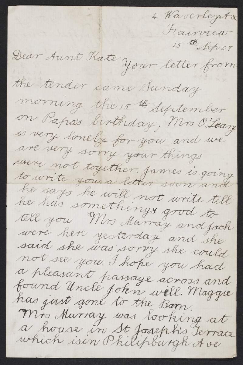 Letter from Eileen Devoy, Dublin, to her aunt Kate McBride regarding her brother James and news of neighbours and friends,