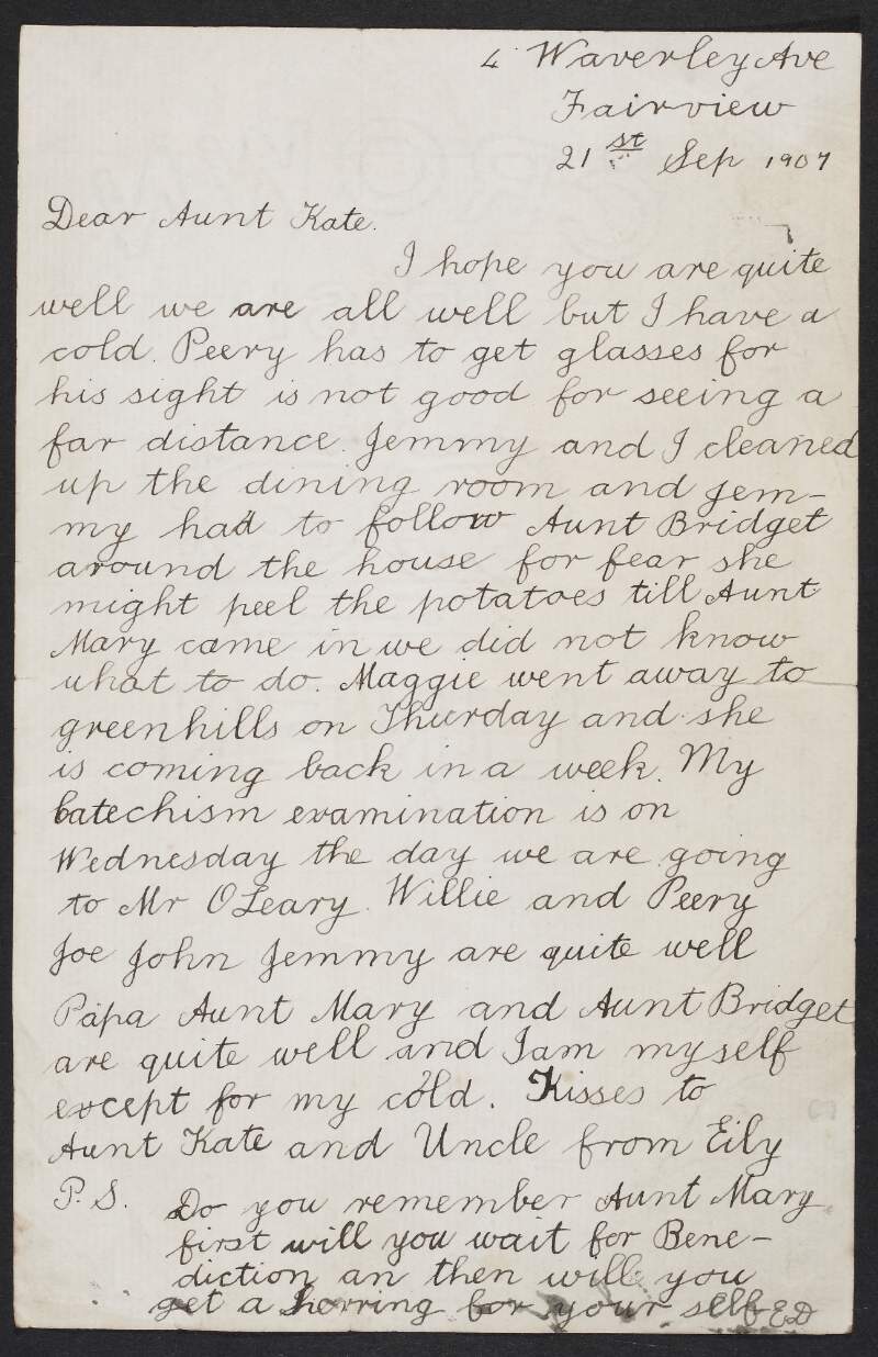 Letter from Eileen Devoy, Dublin, to her aunt Kate McBride regarding her brothers Peter and James and her aunt Brigid,
