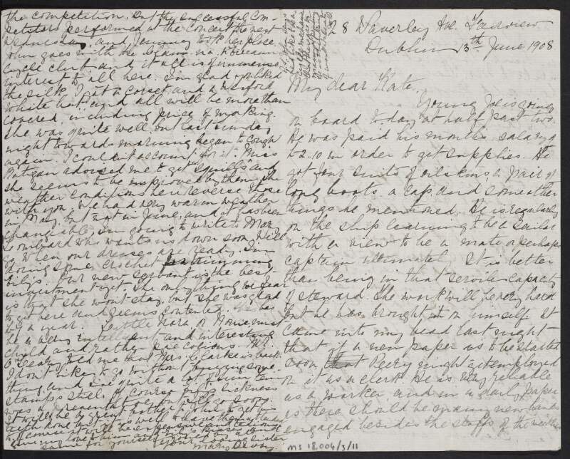 Letter from Mary Devoy, Dublin, to Kate McBride regarding their nephew Joseph's imminent departure on a ship, her hopes of their nephew Peter getting a job as a clerk for a new newspaper, and a visit from "Mr. and Mrs. O'Leary",