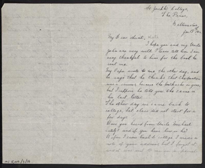 Letter from William Devoy, Galway, to his aunt Kate McBride regarding his return to school, his father Joe's operation and the weather,