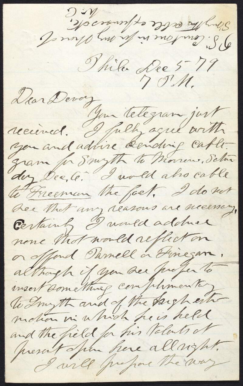 Letter from Dr. William Carroll to John Devoy regarding Anna Parnell's (apparent naive) views on the Skirmishing Fund and the Fenian movement in general,